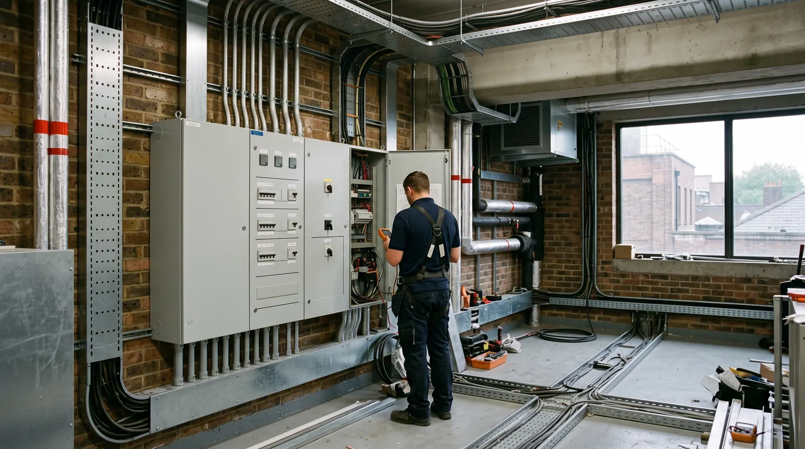 Three-phase distribution board in a commercial plant room